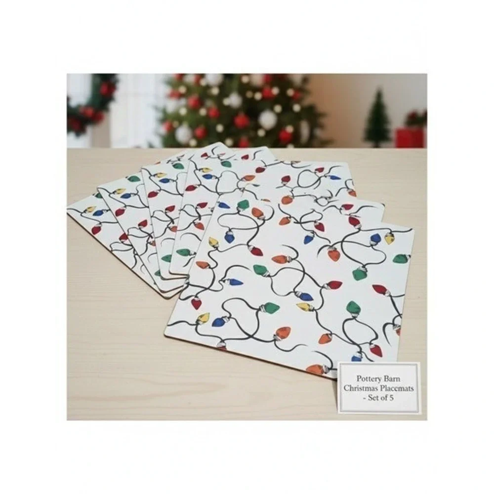 Pottery Barn Christmas Holiday Light String Cork Placemats & Napkins Set of 5‎